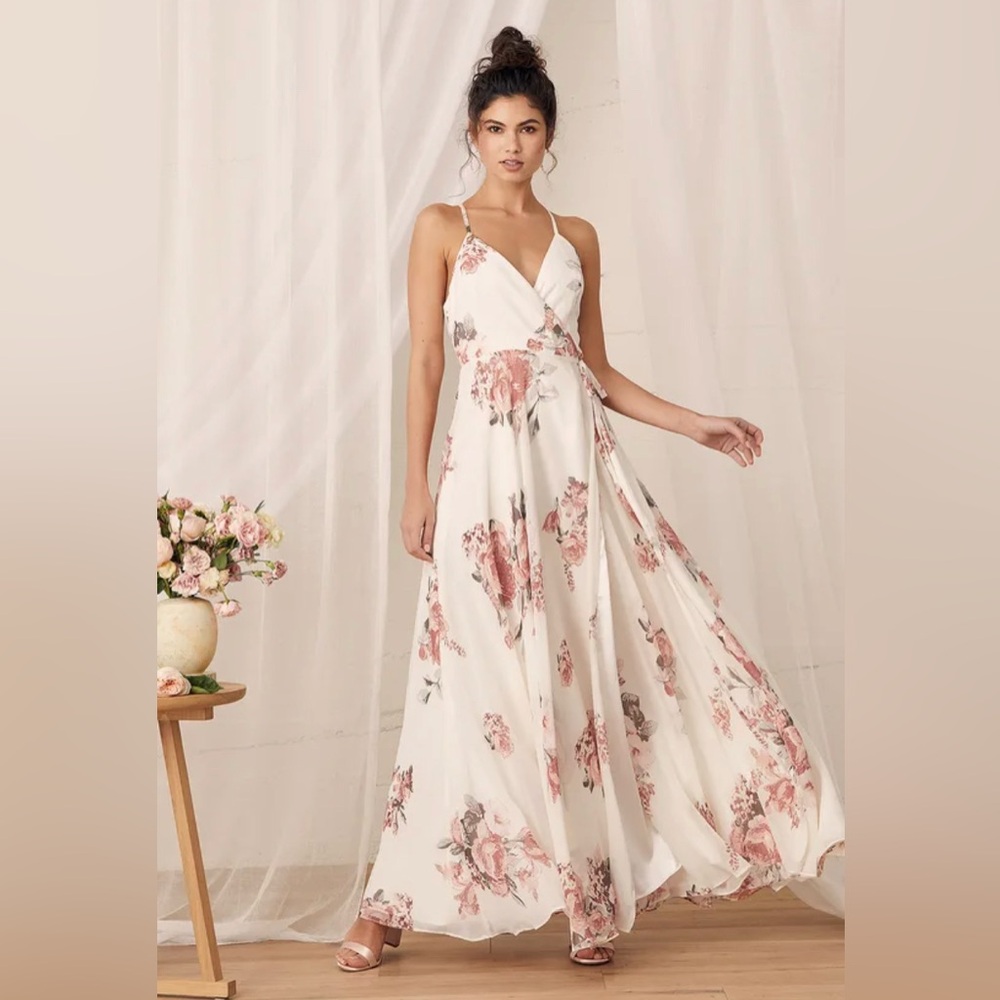 Lulu's Elegantly Inclined Cream Floral Print Wrap Maxi Dress Sz M